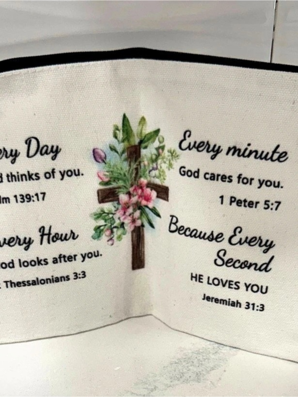 Bible Verse Floral Zipper Pouch in White & Black